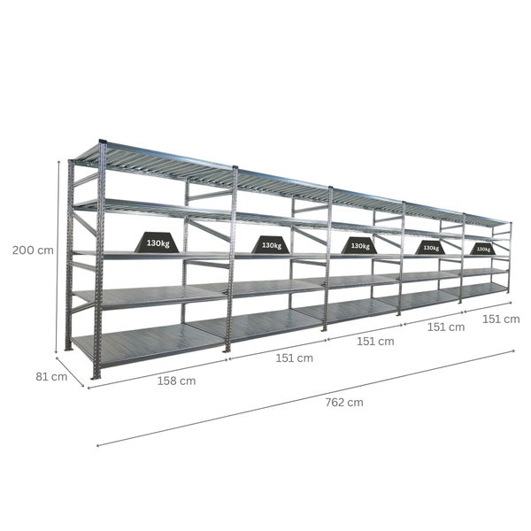 Langes, graues Schwerlastregal mit den Maßen 200 x 762 x 81 cm und einer maximalen Traglast von 130 kg pro Regalboden.