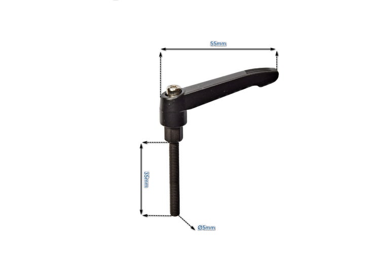 Verstellbarer Klemmhebel mit 55 Millimeter Hebelarm und 35 Millimeter langem Gewindebolzen mit 5 Millimeter Durchmesser.