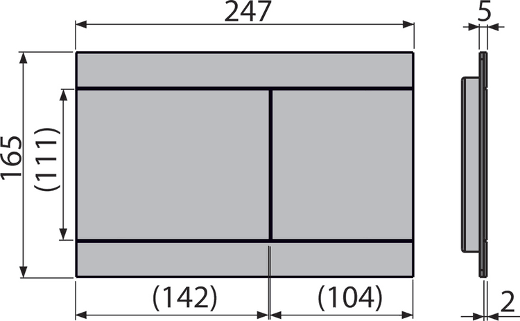 Technische Zeichnung einer Betätigungsplatte für WCs mit Maßen Breite 247 Millimeter, Höhe 165 Millimeter und Tiefe 5 Millimeter.