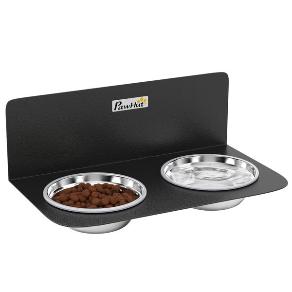 PawHut Futternapf-Set mit zwei Edelstahlschüsseln in einer schwarzen Halterung für Futter und Wasser. PawHut Logo.