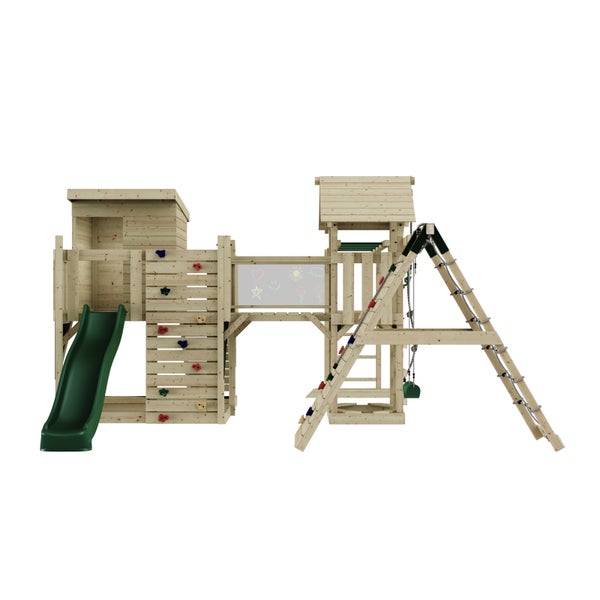 Spielturm mit Rutsche, Kletterwand, Maltafel, Strickleiter und Schaukel aus Holz