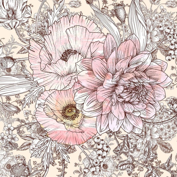 Blumenmuster mit Mohnblumen und Dahlien für Dekorationszwecke