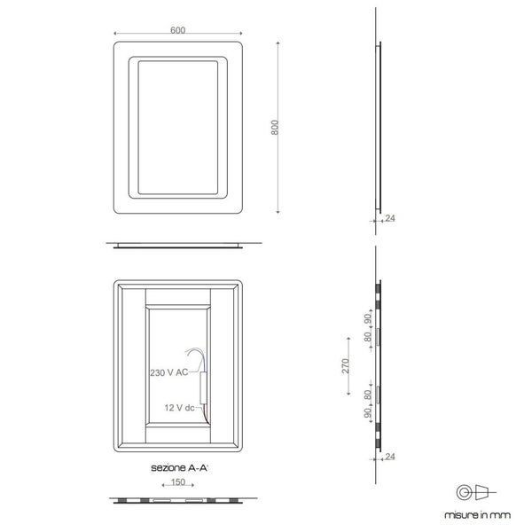 Reversibler Spiegel 80x60 mit Hintergrundbeleuchteter Sandstrahlung