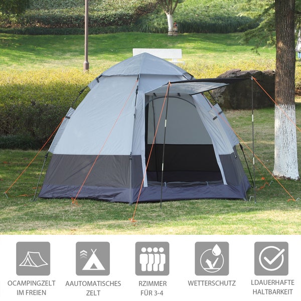 Outsunny Campingzelt, für 3-4 Personen, 260 x 260 x 195 cm, Stahl,Glasfaser, Grau+Schwarz