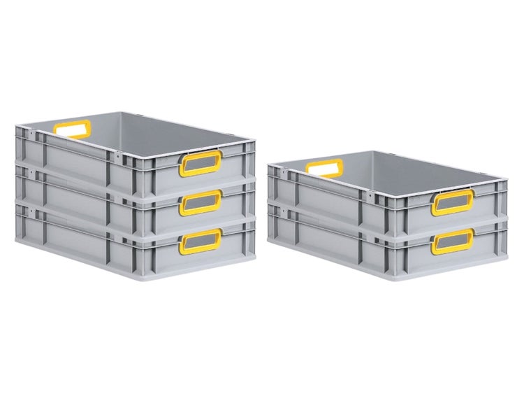 PROREGAL Spar Set 5x Eurobox Nextgen Color HxBxT 12 x 40 x 60 cm 23 Liter Griffe Gelb Offen Glatter Boden Eurobehälter Transportbox