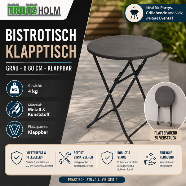 Trutzholm klappbarer Bistrotisch mit 60 Zentimeter Durchmesser aus Metall und Kunststoff für Garten und Terrasse.