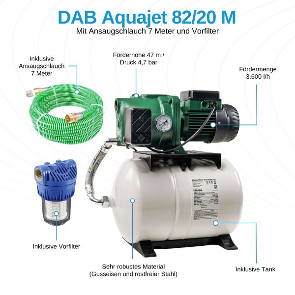 Hauswasserwerk mit Vorfilter, Ansaugschlauch und Tank
