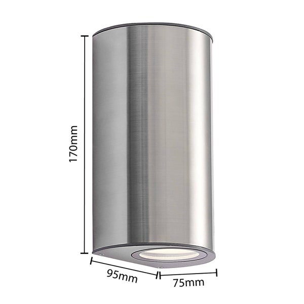 Außenwandleuchte aus Edelstahl mit Maßen: Höhe 170 Millimeter, Tiefe 95 Millimeter, Breite 75 Millimeter.