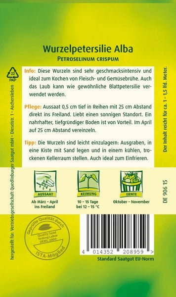 Rückseite der Saatgutpackung Wurzelpetersilie Alba mit Informationen zu Aussaat ab März, Keimung bei 12 bis 15 Grad und Ernte von Oktober bis November.