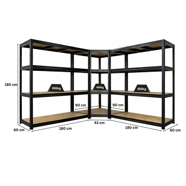 Eckregal aus Metall und Holz, Höhe 180 Zentimeter, Belastbarkeit 600 Kilogramm und 400 Kilogramm, Maße 180 mal 60 Zentimeter und 90 mal 90 Zentimeter.