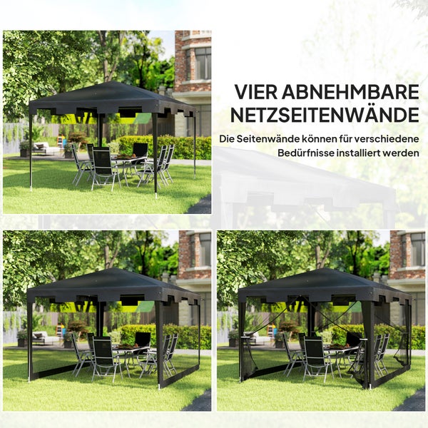 Schwarzer Gartenpavillon mit vier abnehmbaren Netzseitenwänden in verschiedenen offenen und geschlossenen Positionen im Garten.