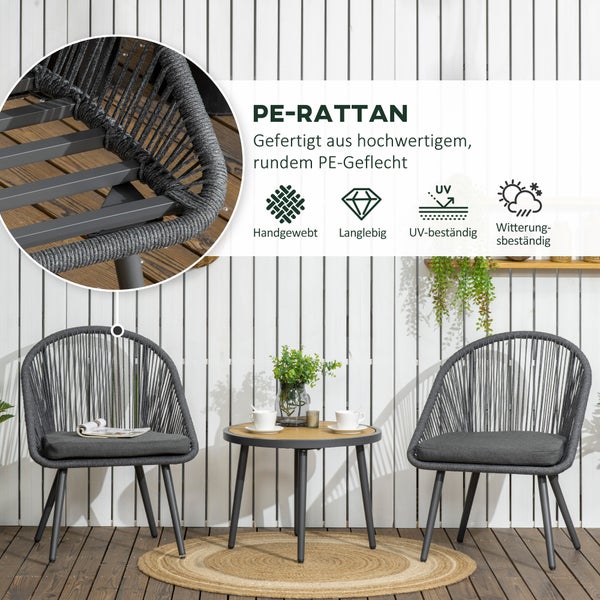 Gartenmöbelset mit einem Stuhl und einem runden Tisch mit Maßangaben