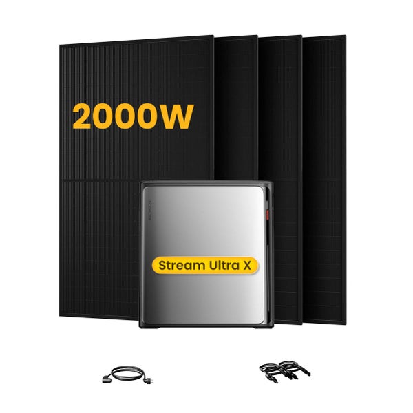 EcoFlow Balkonkraftwerk Set mit vier schwarzen Solarmodulen, 2000 Watt Leistung, Stream Ultra X Zentraleinheit und Anschlusskabeln.