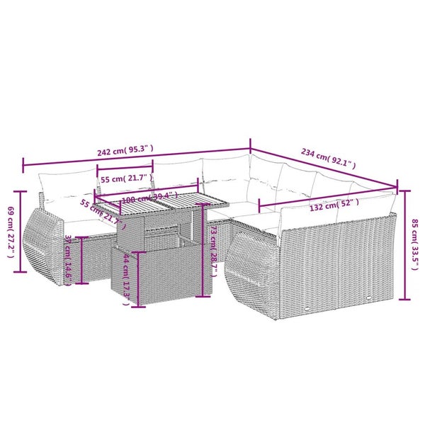 9-tlg. Garten-Sofagarnitur mit Kissen Schwarz Poly Rattan