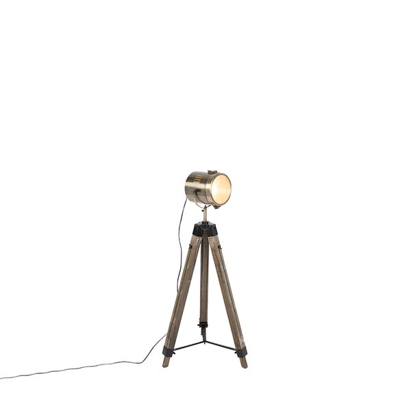 Scheinwerfer Stehlampe im Industriedesign mit Holzstativ und Metallspot