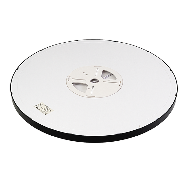 Rückseite einer runden Deckenleuchte mit schwarzem Rand, Montagehalterung, Luxula Logo und Symbol für europäische Konformität.