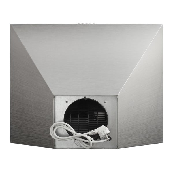 Draufsicht einer Dunstabzugshaube aus Edelstahl mit runder Abluftöffnung und weißem Netzkabel inklusive Stecker.