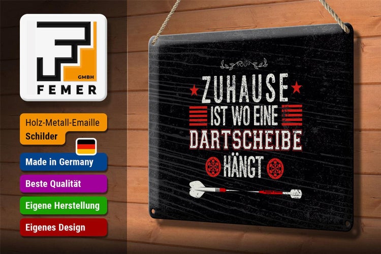Blechschild Spruch Zuhause ist wo eine Dartscheibe 30x20cm