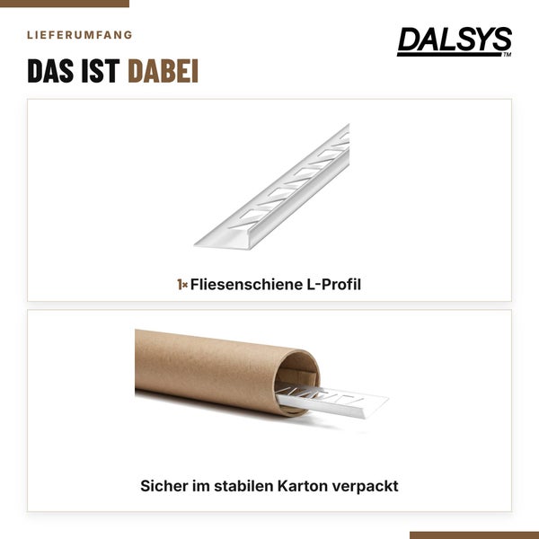 Lieferumfang einer Dalsys Fliesenschiene als L-Profil in einer stabilen Kartonverpackung für den sicheren Versand.