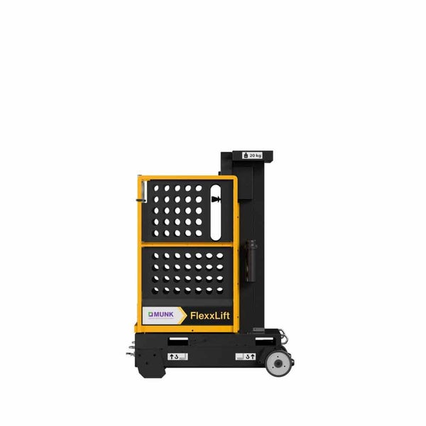 Munk FlexxLift mobile Arbeitsbühne mit Sicherheitskorb und Ablage mit einer Tragfähigkeit von zwanzig Kilogramm.