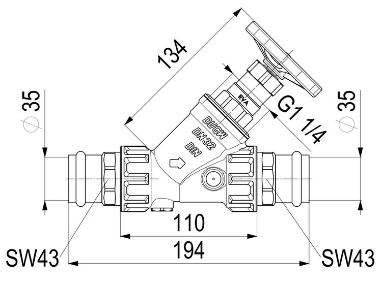 Maßzeichnung eines Freistromventils mit Pressanschluss für 35 Millimeter Rohre, Länge 194 Millimeter, Nennweite 32, Schlüsselweite 43.