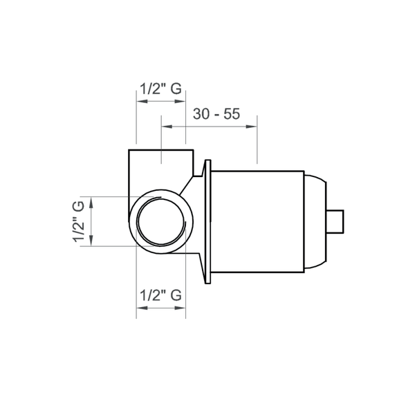 Technische Zeichnung eines Eckventils mit Maßangaben