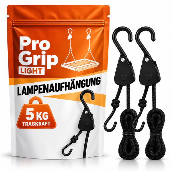 Pro Grip Light Lampenaufhängung, Set mit zwei verstellbaren Seilratschen für eine Tragkraft von bis zu 5 Kilogramm in einer Verpackung.