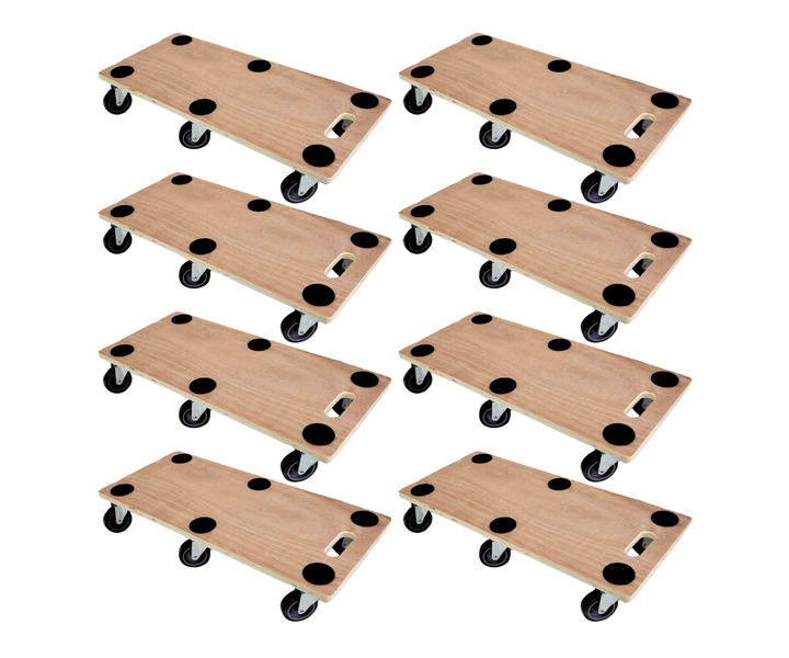 Acht Möbelroller aus Holz mit Lenkrollen, Antirutschpunkten und praktischem Tragegriff.