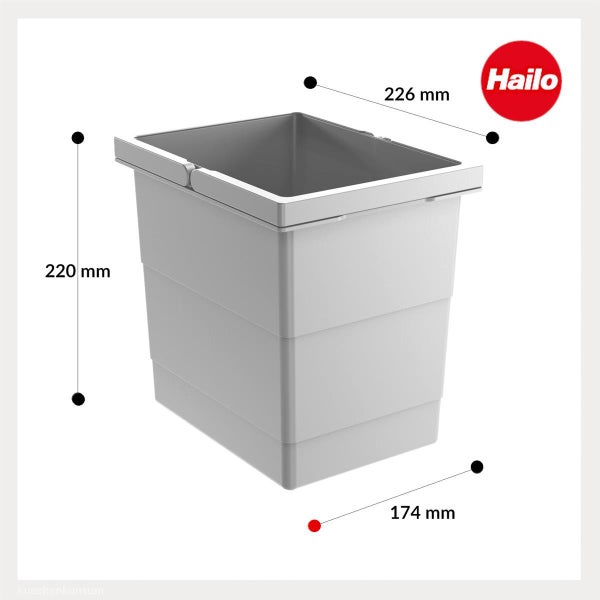 Grauer Mülleimer mit Hailo Logo, Maße 220 Millimeter Höhe, 226 Millimeter Breite und 174 Millimeter Tiefe.