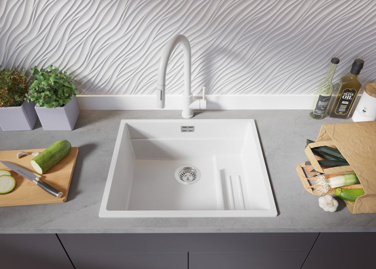PRIMAGRAN Spülbecken Weiß 56x47cm, Granitspüle 1 Becken + Ablauf-Set + Aufrollbare Abtropffläche, Küchenspüle ab 60er Unterschrank - Praga Slim