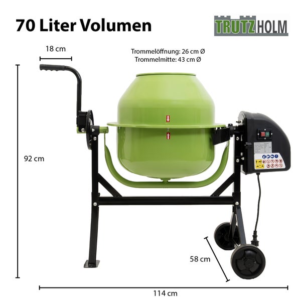Trutzholm Betonmischer mit 70 Liter Trommelvolumen inklusive Maßangaben zur Trommel und den Außenmaßen des Gerätes.
