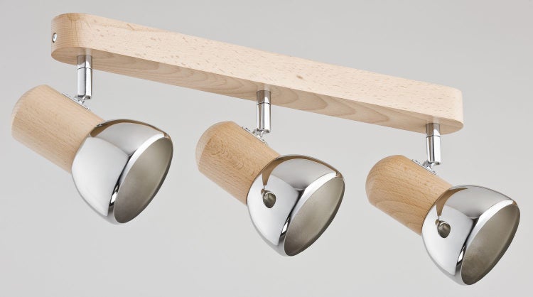 Deckenstrahler mit drei Leuchten aus Holz und Metall in Kombination