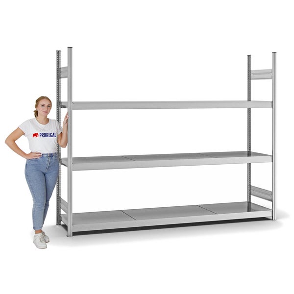 PROREGAL Weitspannregal Stecksystem T-Profil Grundregal HxBxT 200x250x50 cm 3 Ebenen Stahlplatten Fachboden Fachlast 350 kg Verzinkt