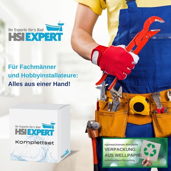 Installateur mit Werkzeug und HSI Expert Komplettset für Badinstallationen