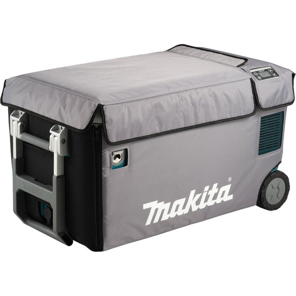 Makita Kühltasche aus strapazierfähigem Material mit Reißverschlüssen und Netzeinsätzen. Makita Logo.