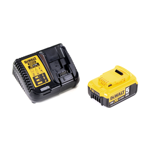 DeWalt Akku-Ladegerät DCB115 und DeWalt 18 Volt XR Lithium-Ionen-Akku mit 5 Amperestunden.