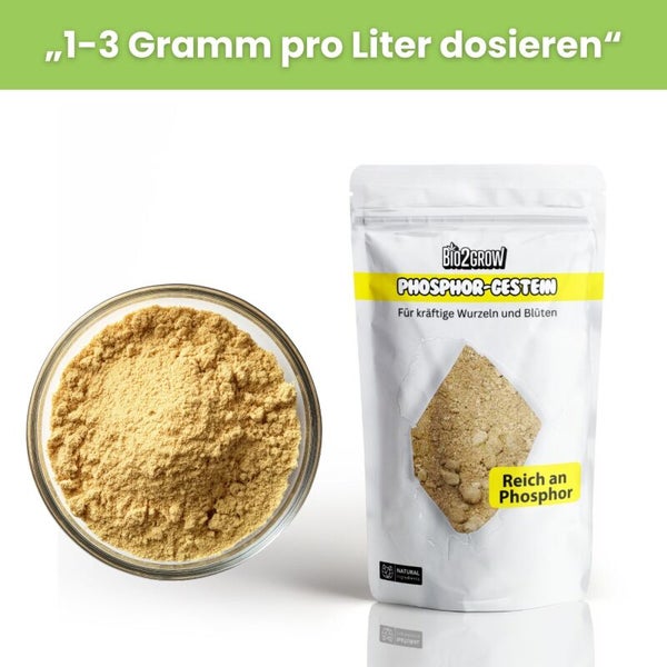 Bio2Grow Phosphor-Gestein Dünger in einer Verpackung und einer Schale