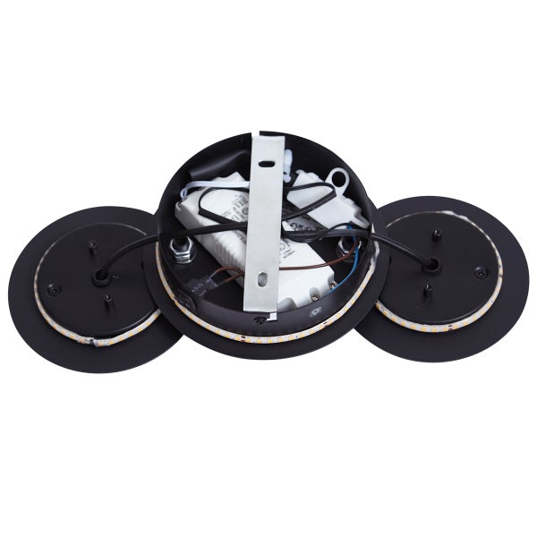 Innenansicht einer runden LED-Deckenleuchte mit geöffnetem Gehäuse, das elektronische Bauteile zeigt