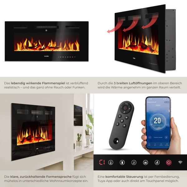 Wandkamin mit Flammeneffekt, Fernbedienung und Smartphone-App-Steuerung