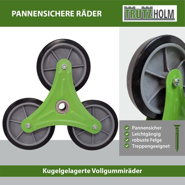 Trutzholm Treppensteiger Rad mit drei kugelgelagerten Vollgummirädern auf einer Sternaufnahme für Treppen und unebene Untergründe.