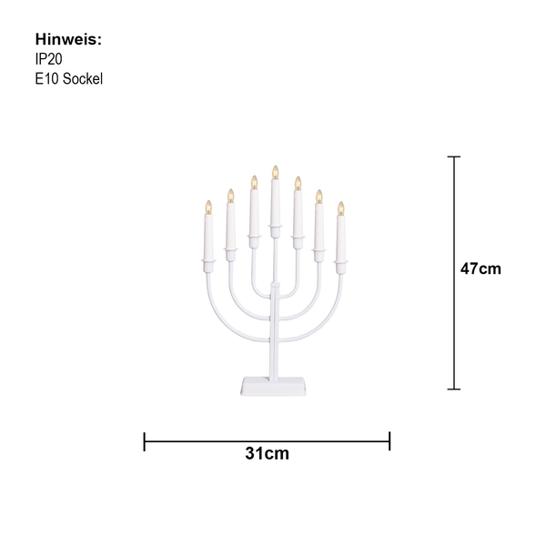 Weißer Kerzenleuchter mit sieben Lichtern, circa 47 cm hoch und 31 cm breit
