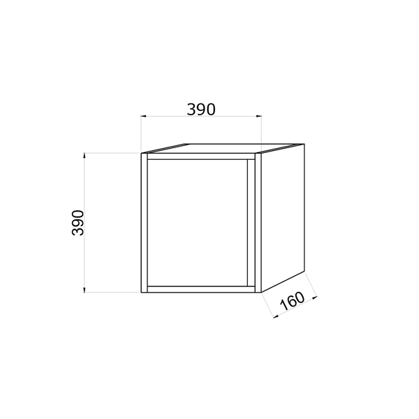 Technische Zeichnung eines Hängeschranks mit den Maßen 390 x 390 x 160 mm.