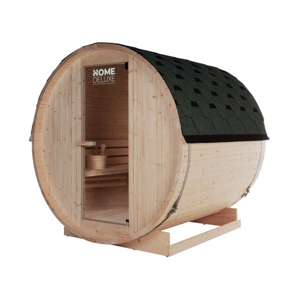 Home Deluxe - Outdoor Fasssauna LAHTI L - Maße: BxTxH: ca. 189 cm x 191 cm x 180 cm, Holz: Fichtenholz - inkl. Saunaofen und Saunazubehör I Gartensauna, Außensauna, Sauna Fass für 4 Personen