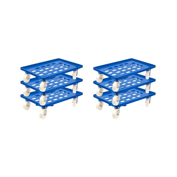 PROREGAL SparSet 6x Transportroller für Euroboxen 60 x 40 cm mit Kunststoffräder Blau Gitter/Rasterdeck 4 Lenkrollen Traglast 300 kg