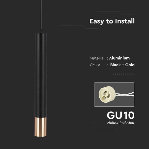 Aluminium Pendelleuchte in Schwarz und Gold mit GU10 Fassung für einfache Installation.