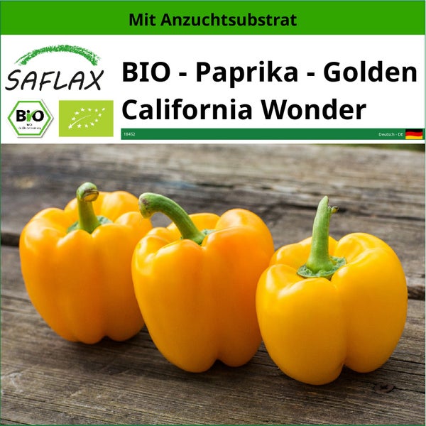 SAFLAX  - BIO - Paprika - Golden California Wonder - Capsicum annuum - 20 Samen - Mit keimfreiem Anzuchtsubstrat