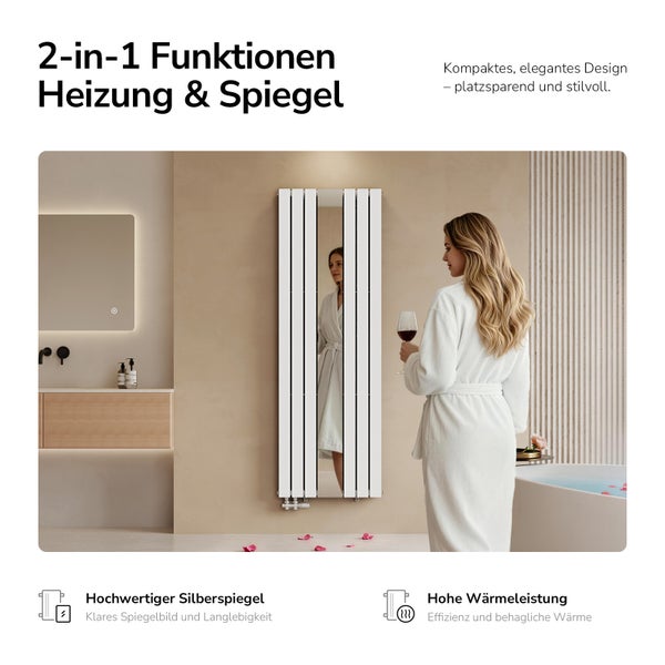 Moderner vertikaler Badheizkörper mit Silberspiegel und hoher Wärmeleistung in einem hellen Badezimmer mit Frau im Bademantel.