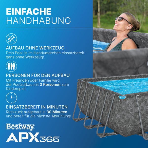 Bestway APX365 Pool Infografik: werkzeugloser Aufbau, Montage durch drei Personen und circa 30 Minuten Aufbauzeit. Bestway Logo.