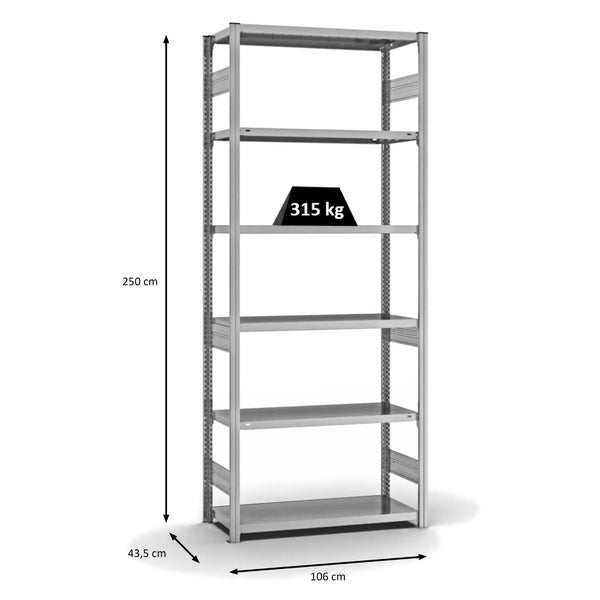 PROREGAL Fachbodenregal Stecksystem T-Profil Heavy-Duty Grundregal HxBxT 250 x 100 x 40 cm 6 Ebenen Fachlast 315 kg Beidseitig Nutzbar Verzinkt
