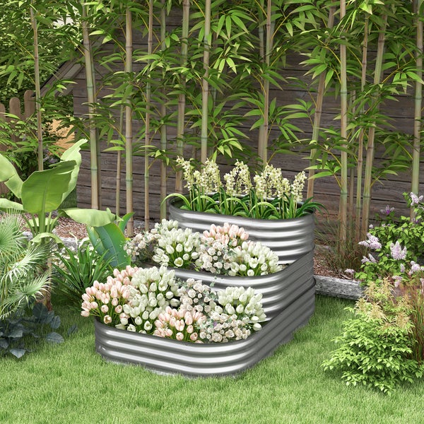 Outsunny Hochbeet aus Metall, 3-stufiger Pflanzkasten, DIY Blumenkasten, Kräuterbeet mit Sicherheitskanten, Gemüsebeet für Garten, Balkon, Silber, 158 x 109 x 82 cm